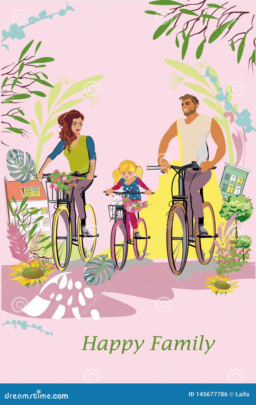 happy family of father, mother and children outdoors amoung green nature and flowers. riding the bicycles.
